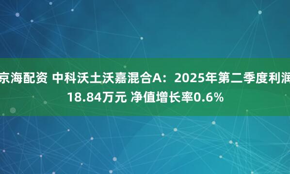 京海配资 中科沃土沃嘉混合A：2025年第二季度利润18.84万元 净值增长率0.6%
